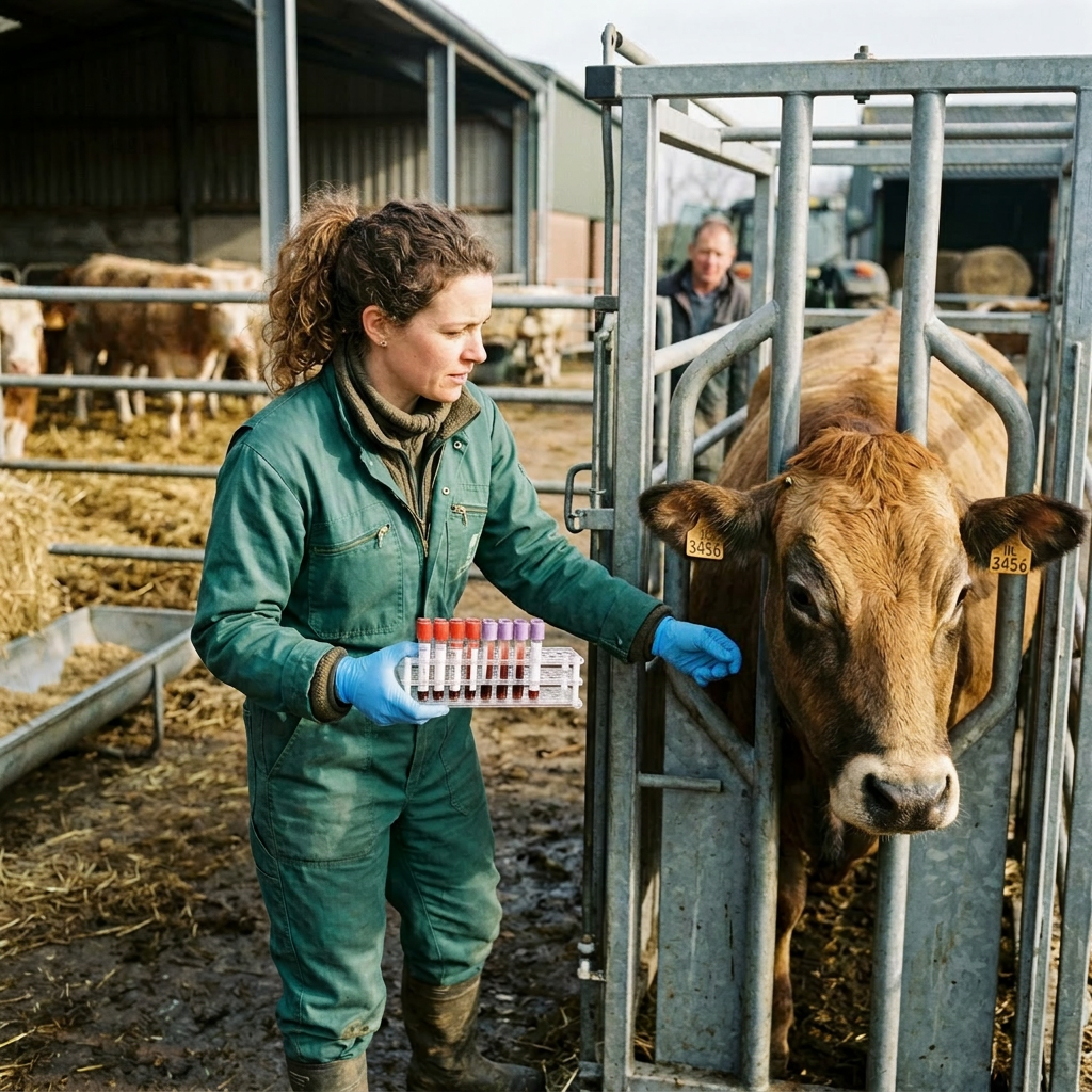 Veterinarian in green coveralls holding test tubes and injecting vaccine into a cow's neck in a metal livestock chute